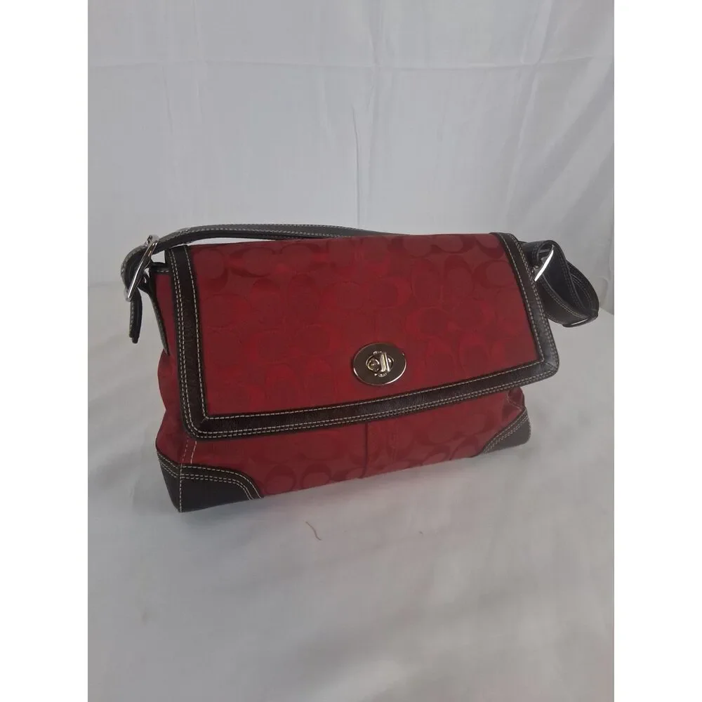 Coach Red Signature Jacquard Flap Crossbody Shoulder Bag Brown Leather F13947